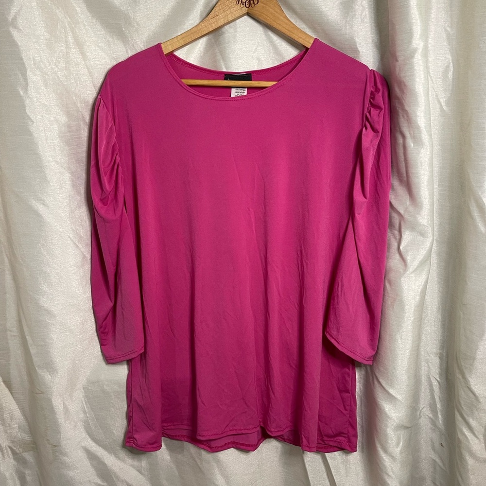 Plus Size Pink Puff Long Sleeve Stretchy Blouse Top